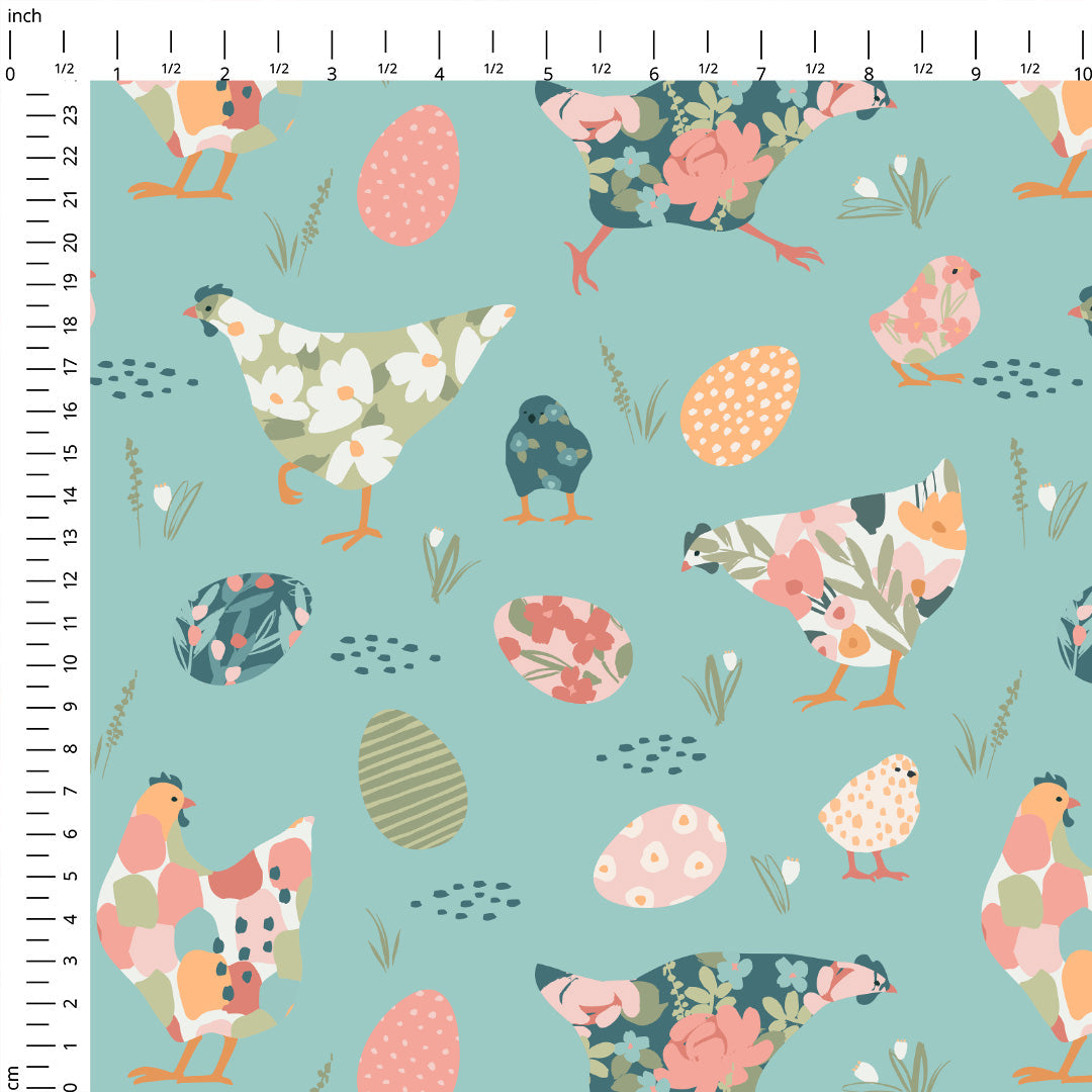 Floral Chickens Teal Fabric