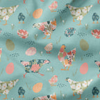 Floral Chickens Teal Fabric