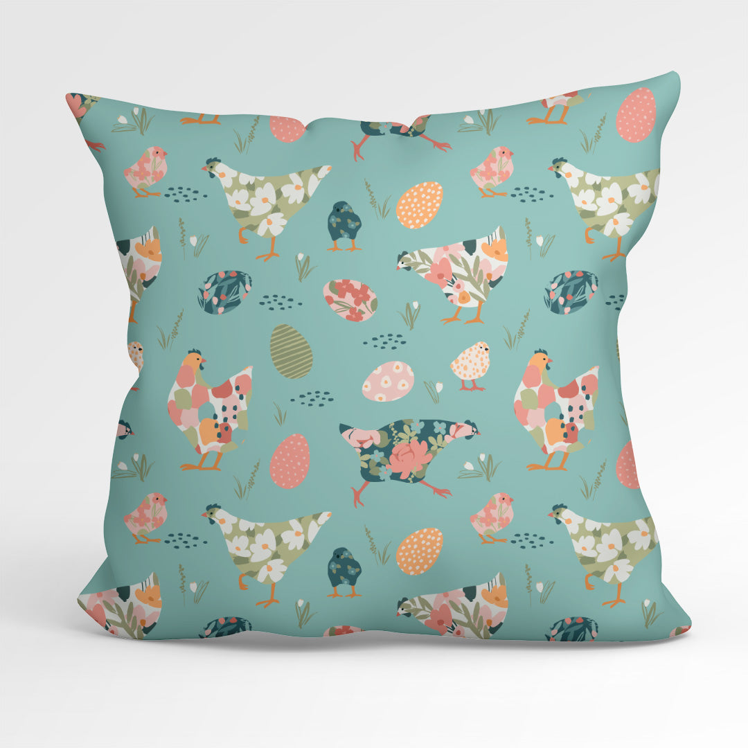 Floral Chickens Teal Fabric