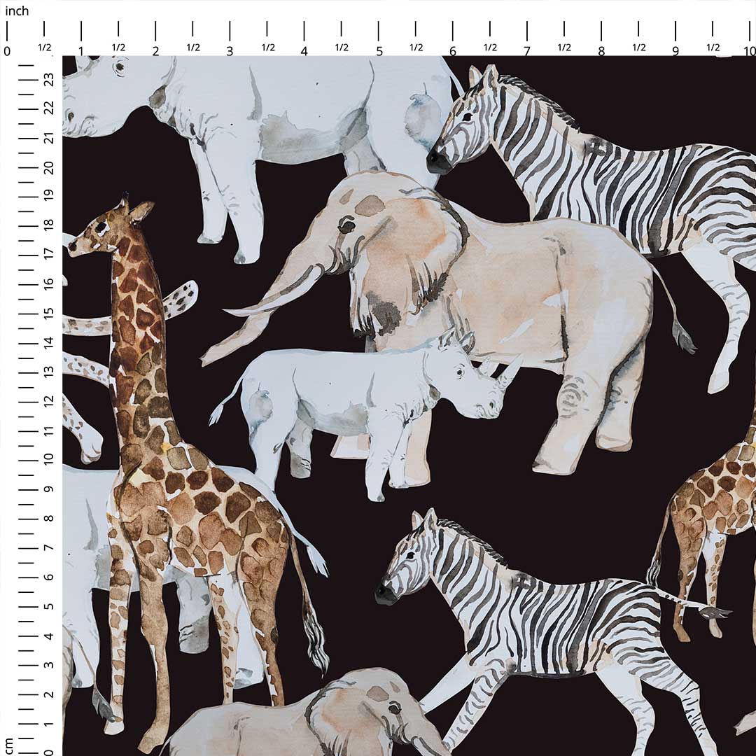 African Animals Black Fabric