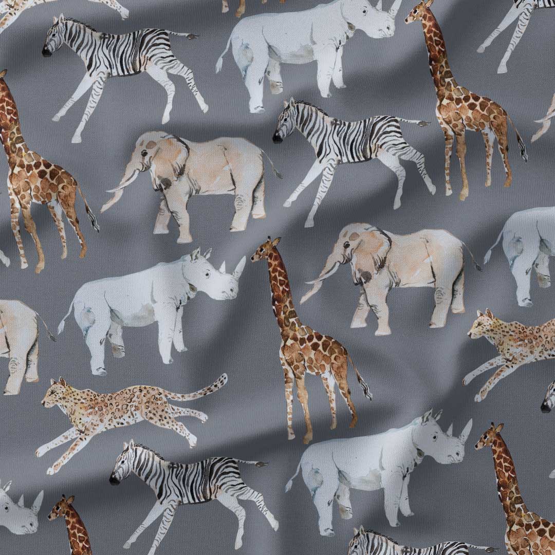 African Animals Dark Grey Fabric