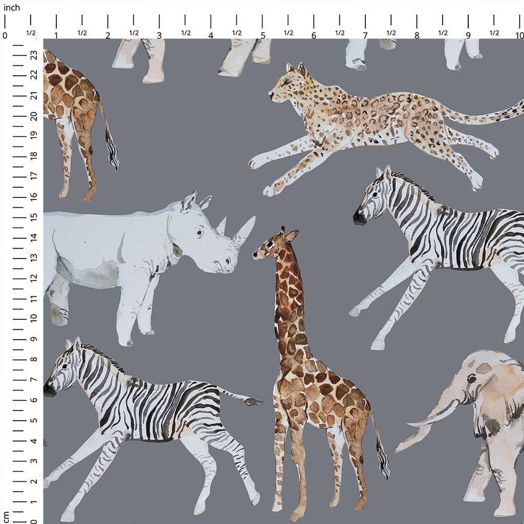 African Animals Dark Grey Fabric