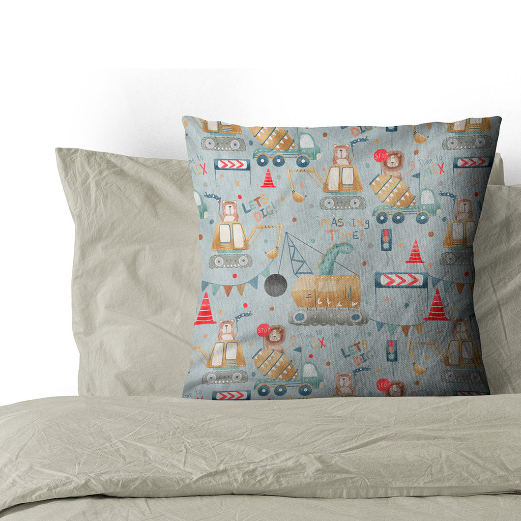 Animals Construction Site Grey Fabric