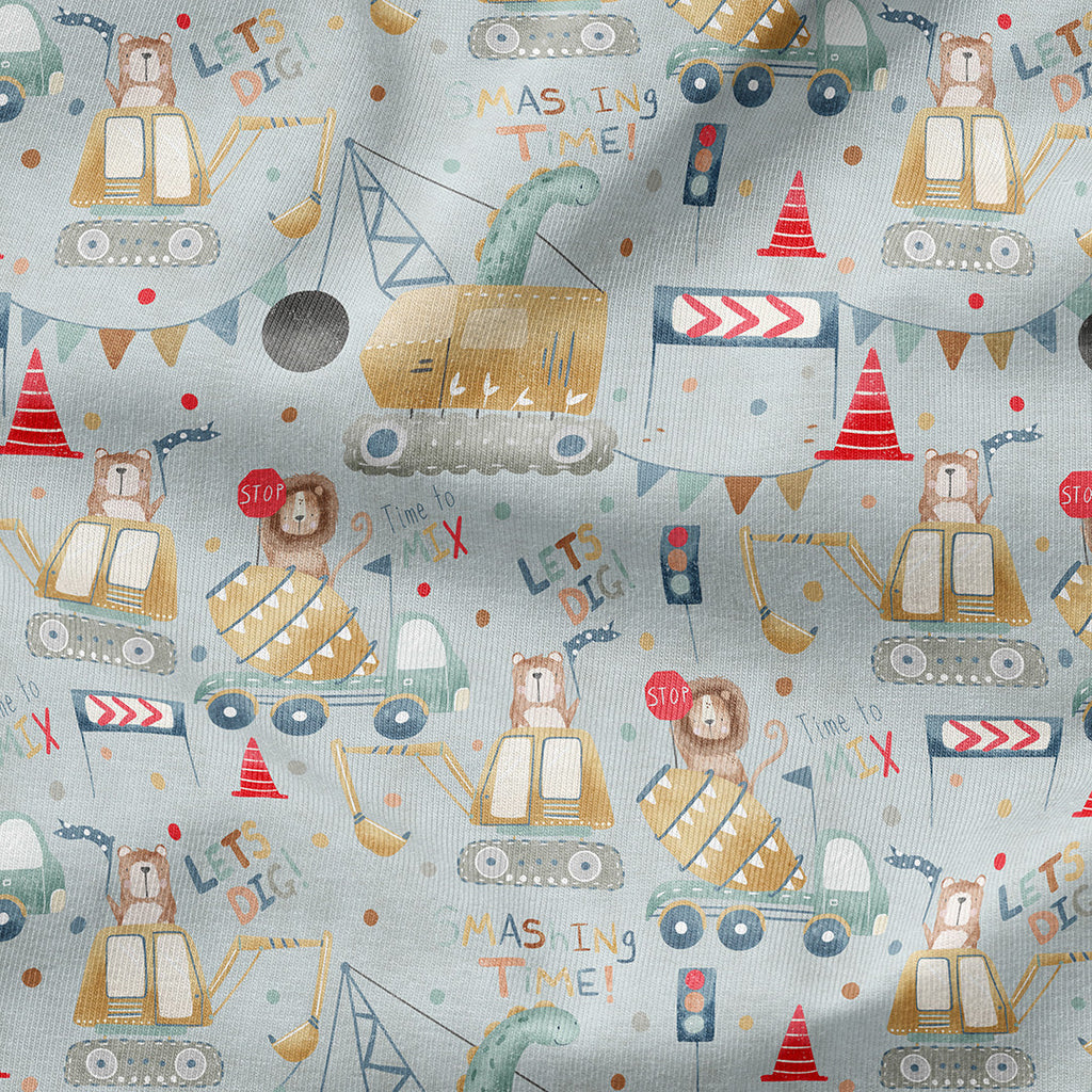 Animals Construction Site Grey Fabric