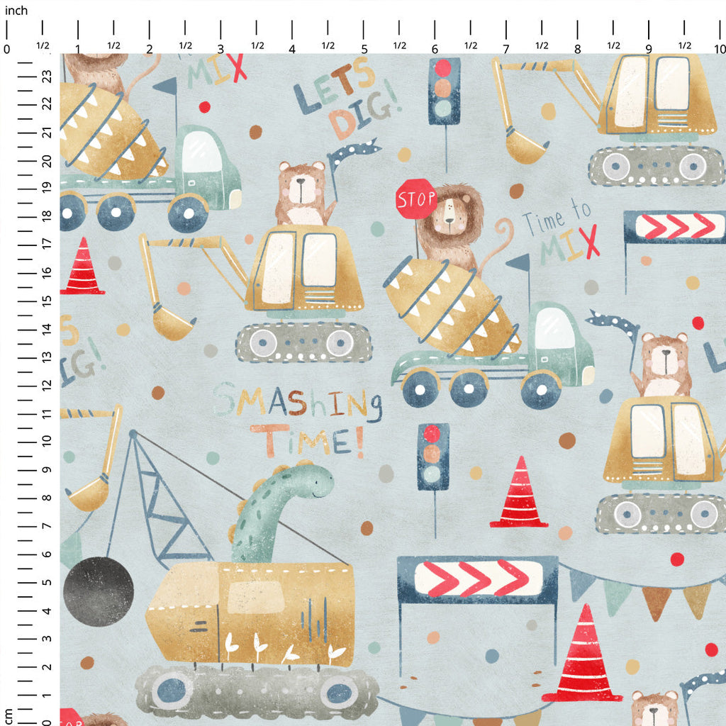 Animals Construction Site Grey Fabric