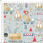 Animals Construction Site Grey Fabric