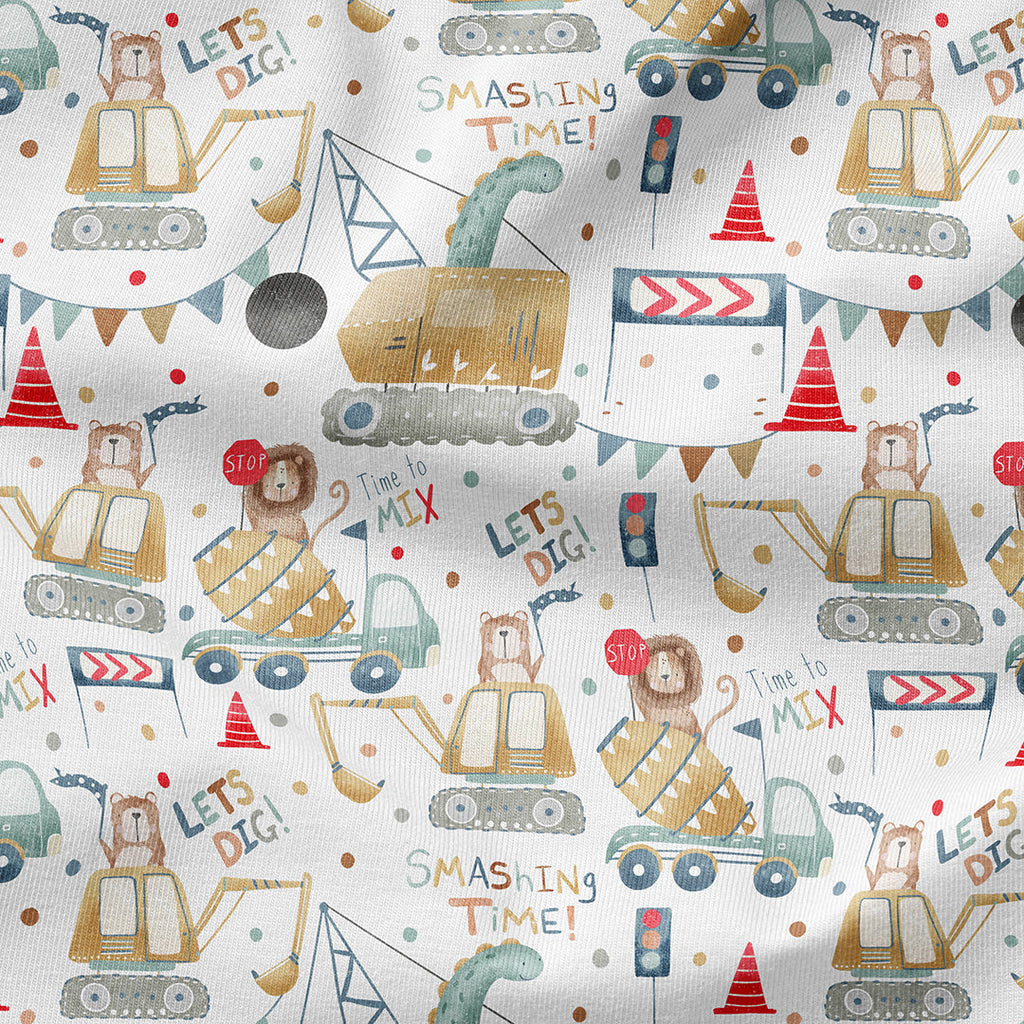 Animals Construction Site White Fabric
