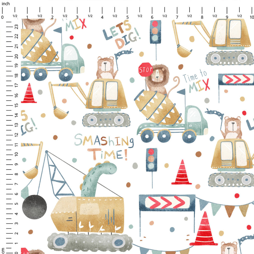 Animals Construction Site White Fabric