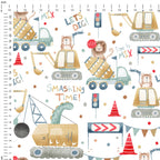Animals Construction Site White Fabric