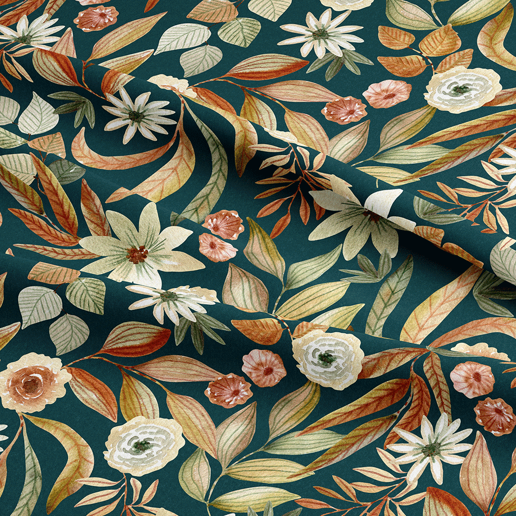 Autumn Floral Teal Fabric