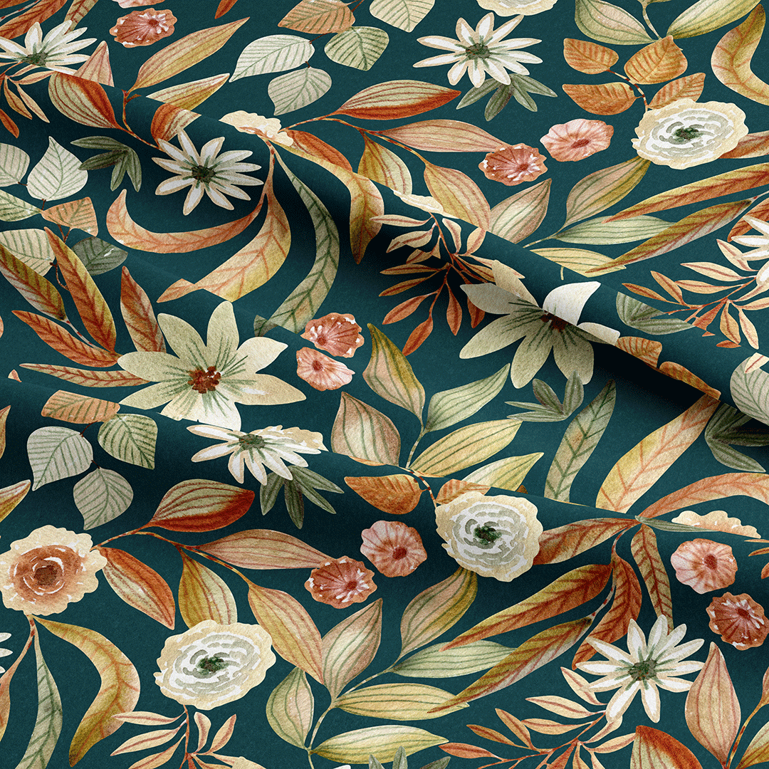 Autumn Floral Teal Fabric