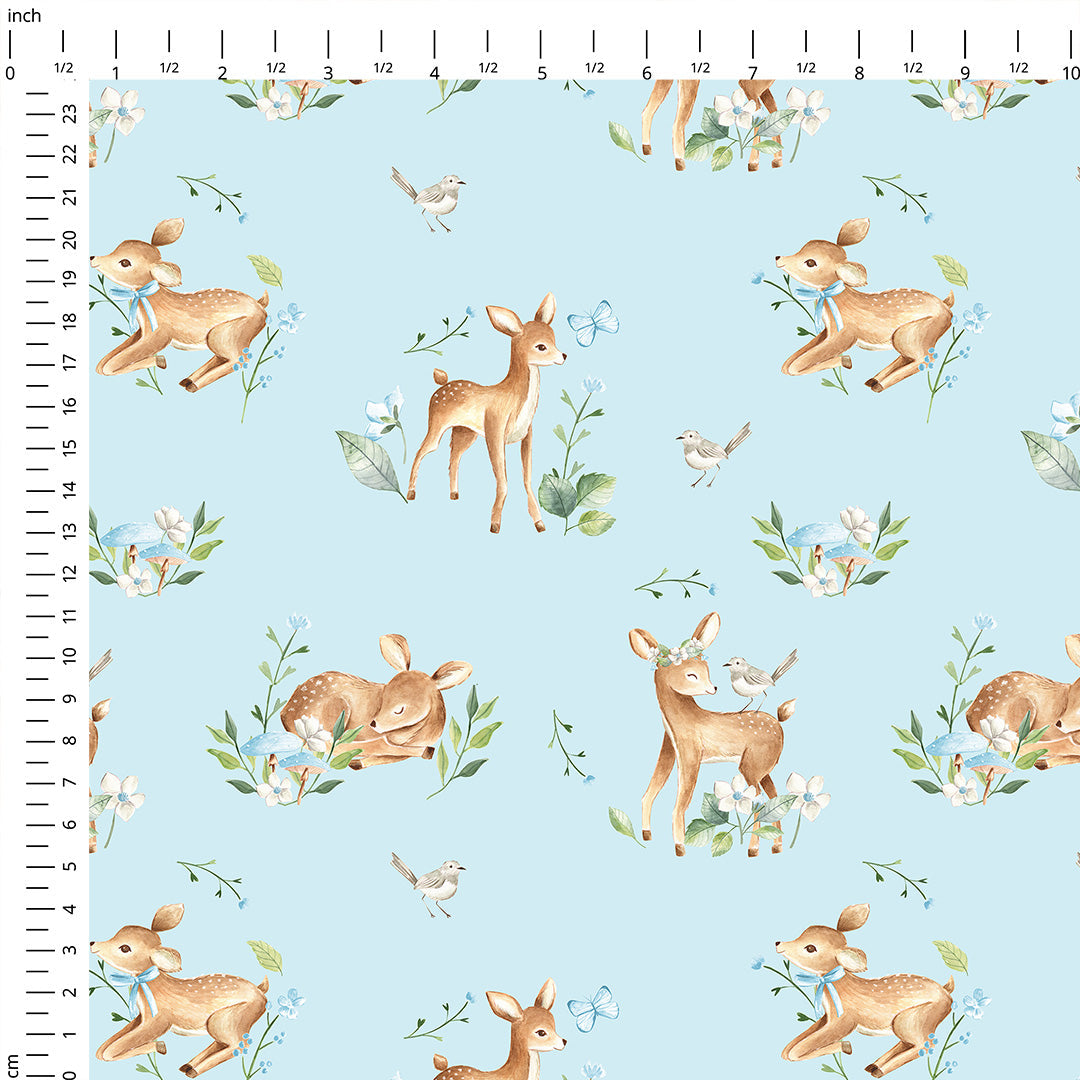 Woodland Baby Deer Blue Fabric