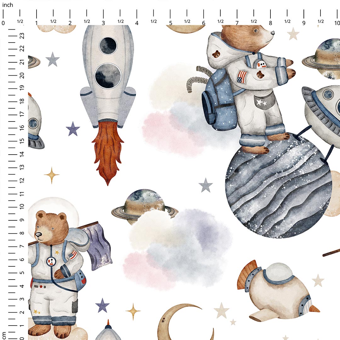 Bear in Space White Fabric