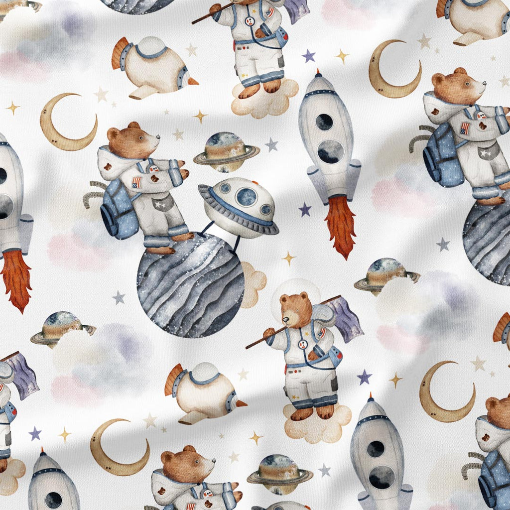 Bear in Space White Fabric