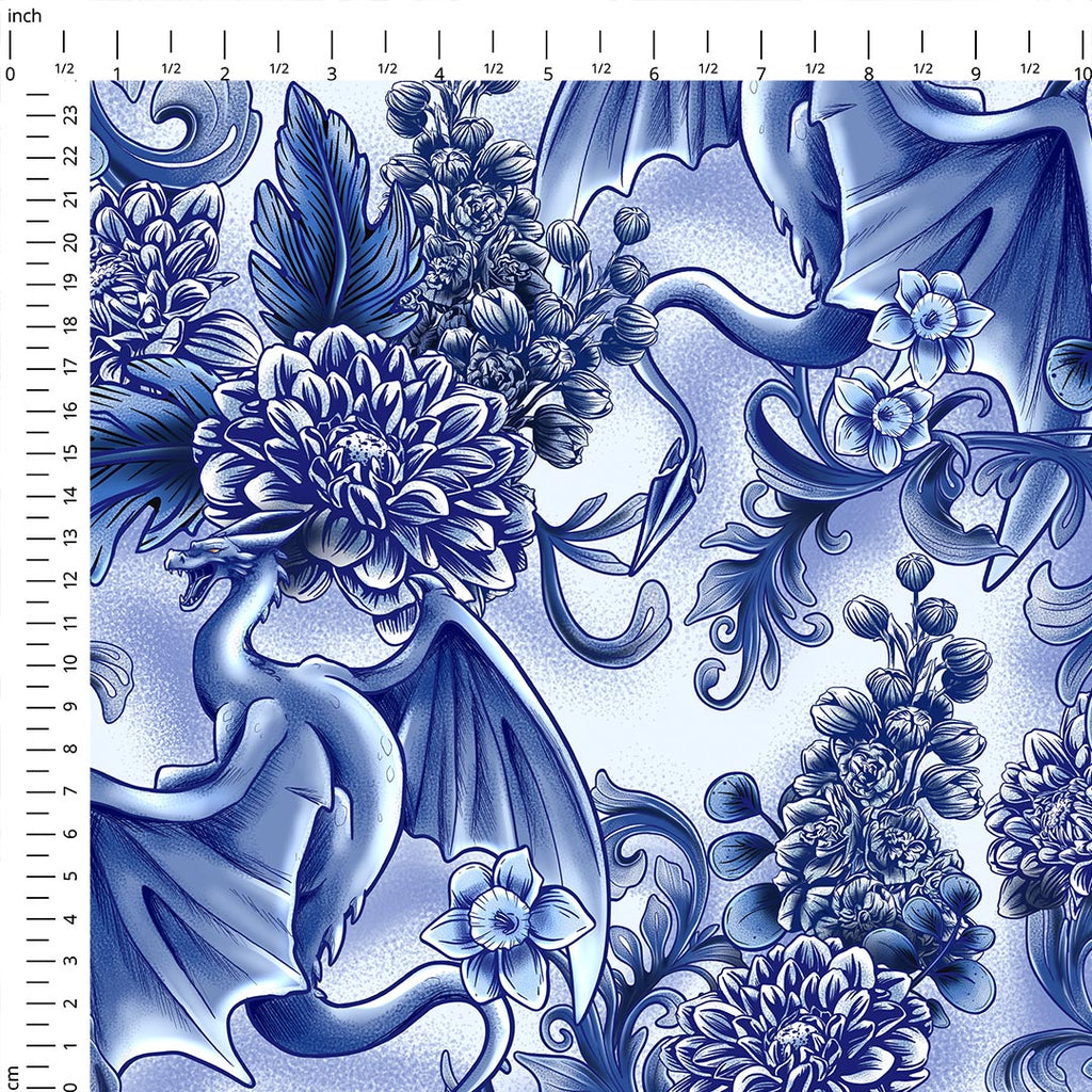 Blue Floral Dragons Fabric