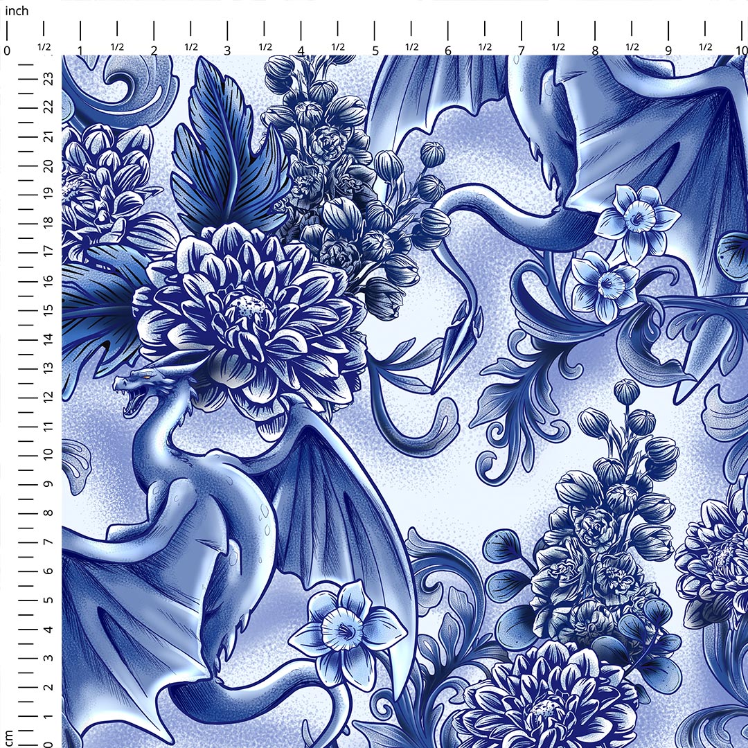 Blue Floral Dragons Fabric