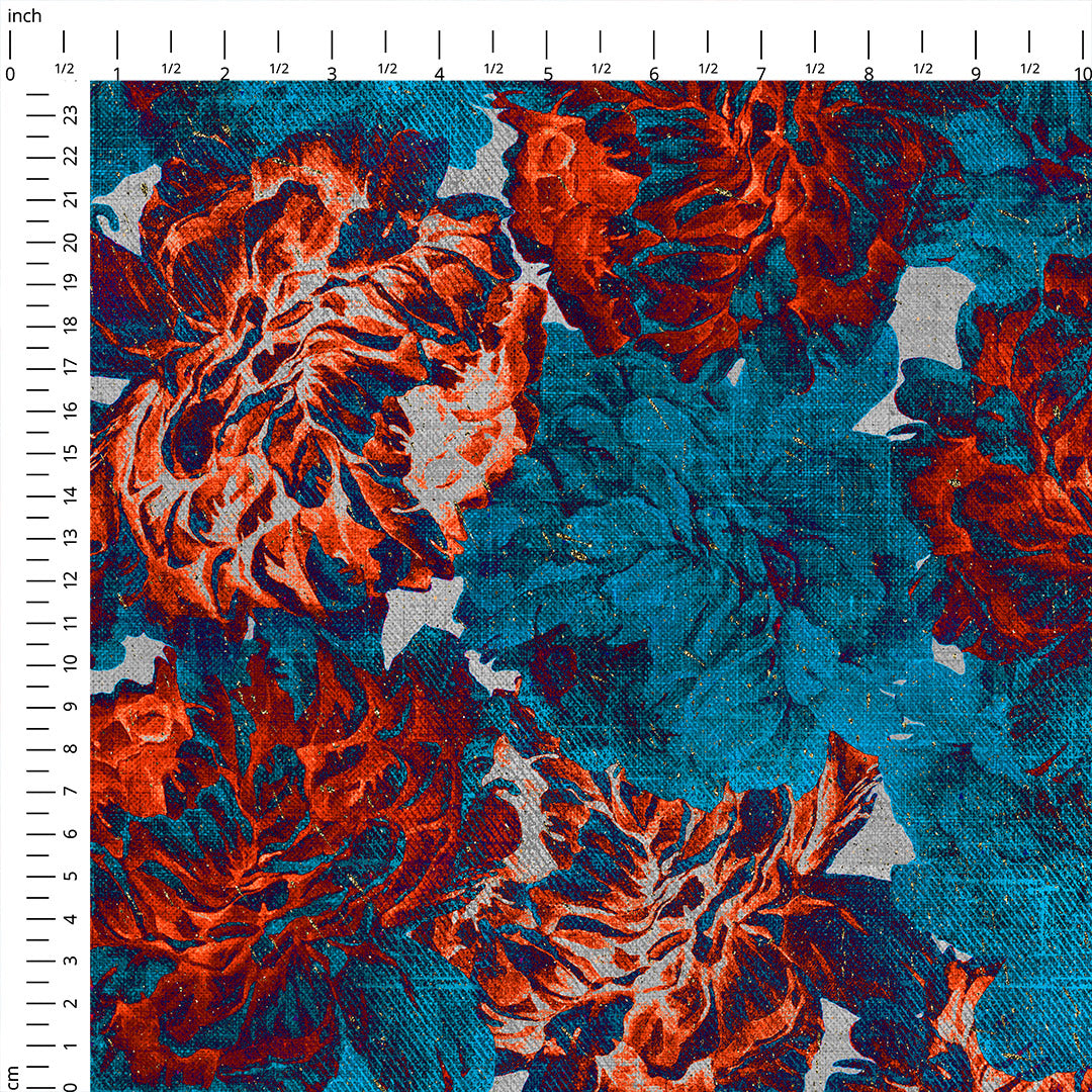 Blue and Orange Linen Flowers Fabric