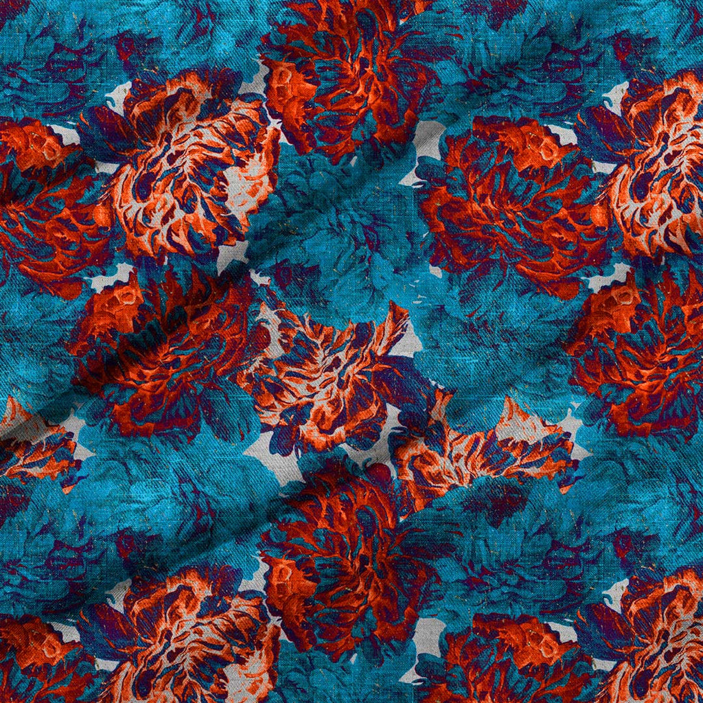 Blue and Orange Linen Flowers Fabric