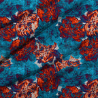 Blue and Orange Linen Flowers Fabric
