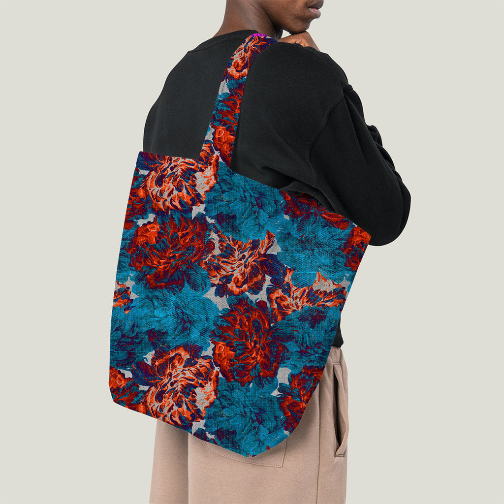 Blue and Orange Linen Flowers Fabric