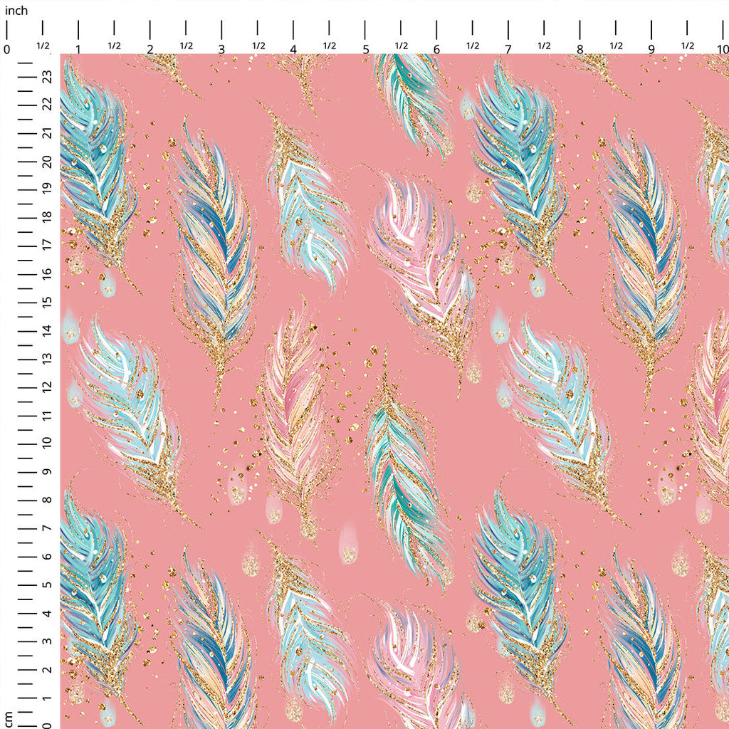 Boho Feathers Coral Fabric