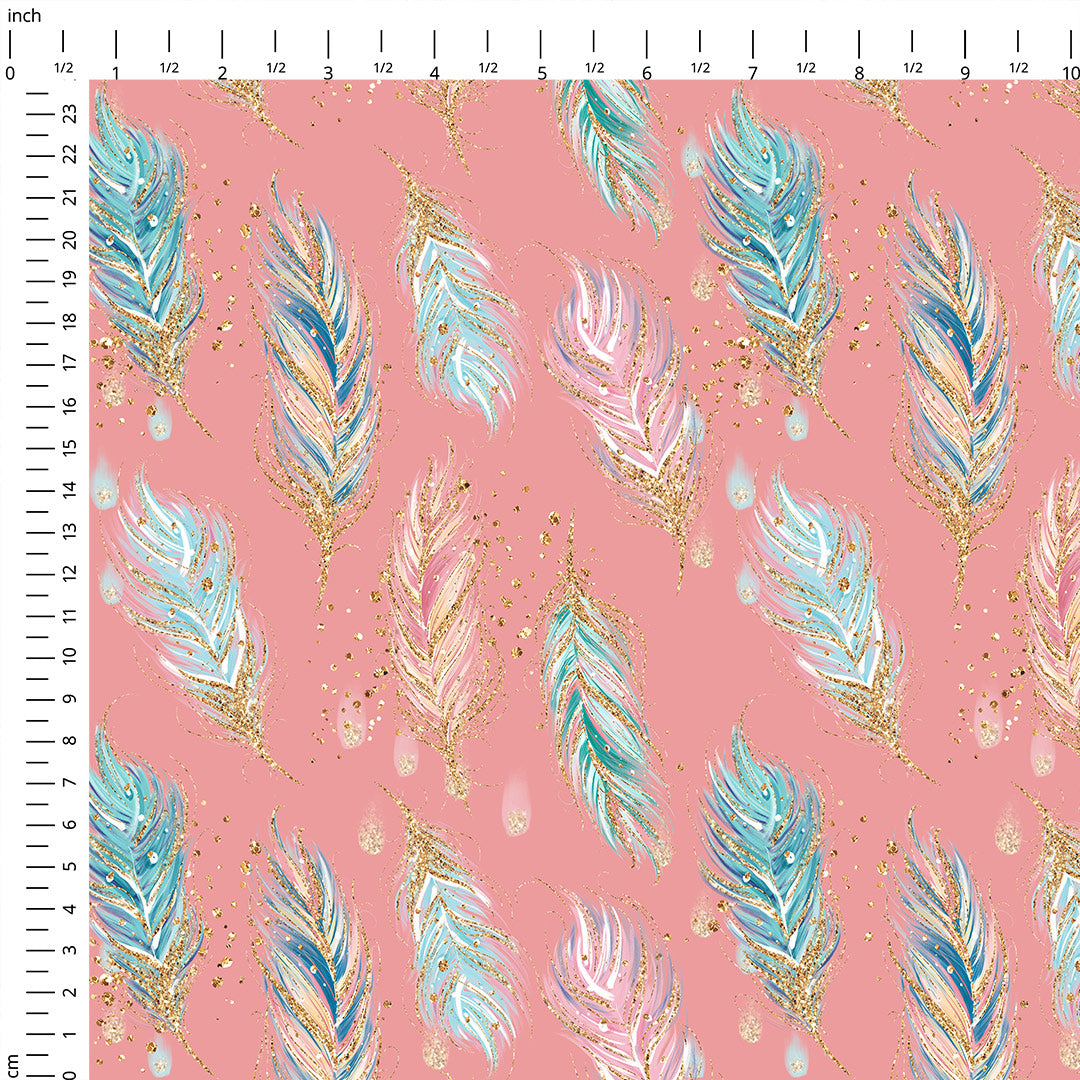 Boho Feathers Coral Fabric