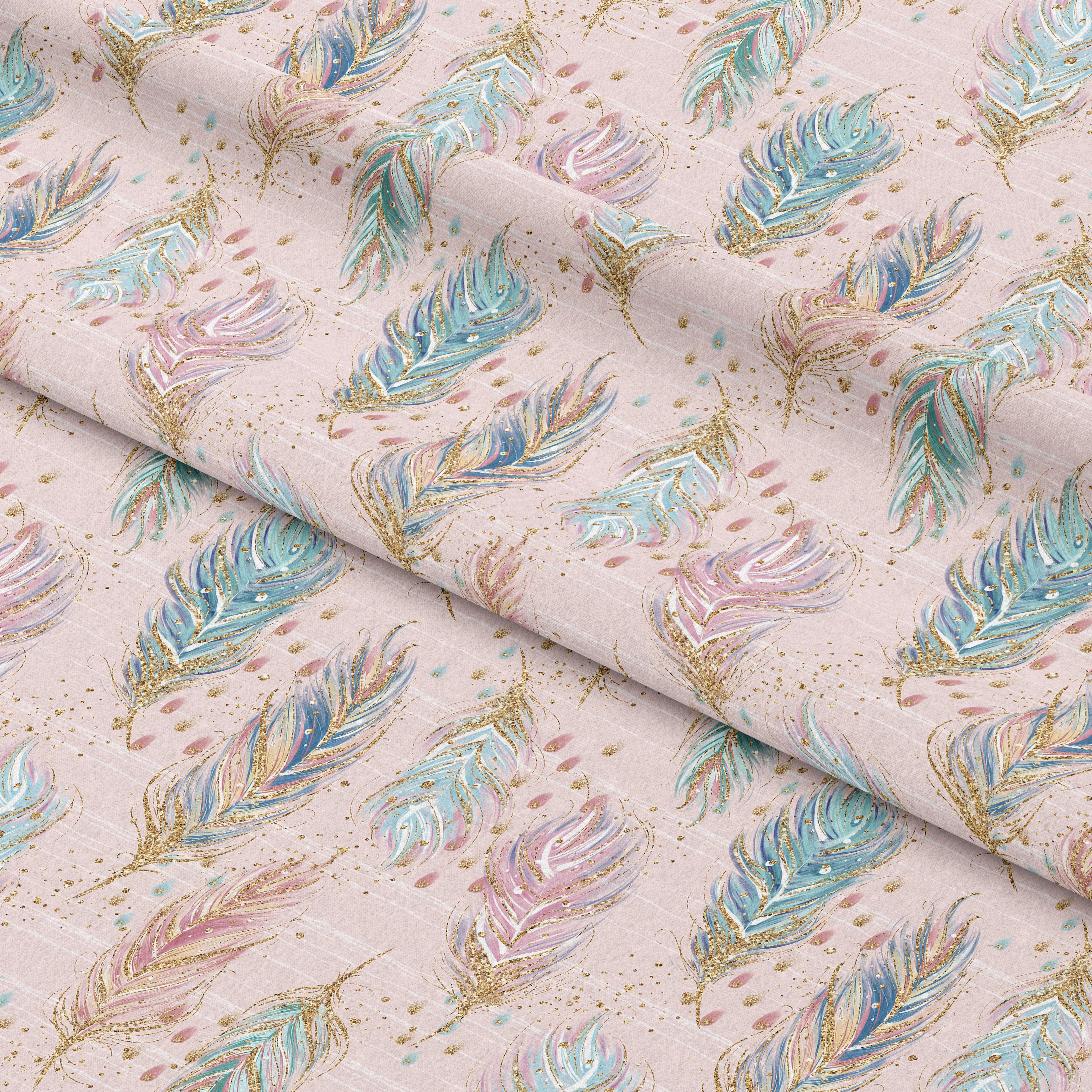 Boho Feathers Pink Fabric