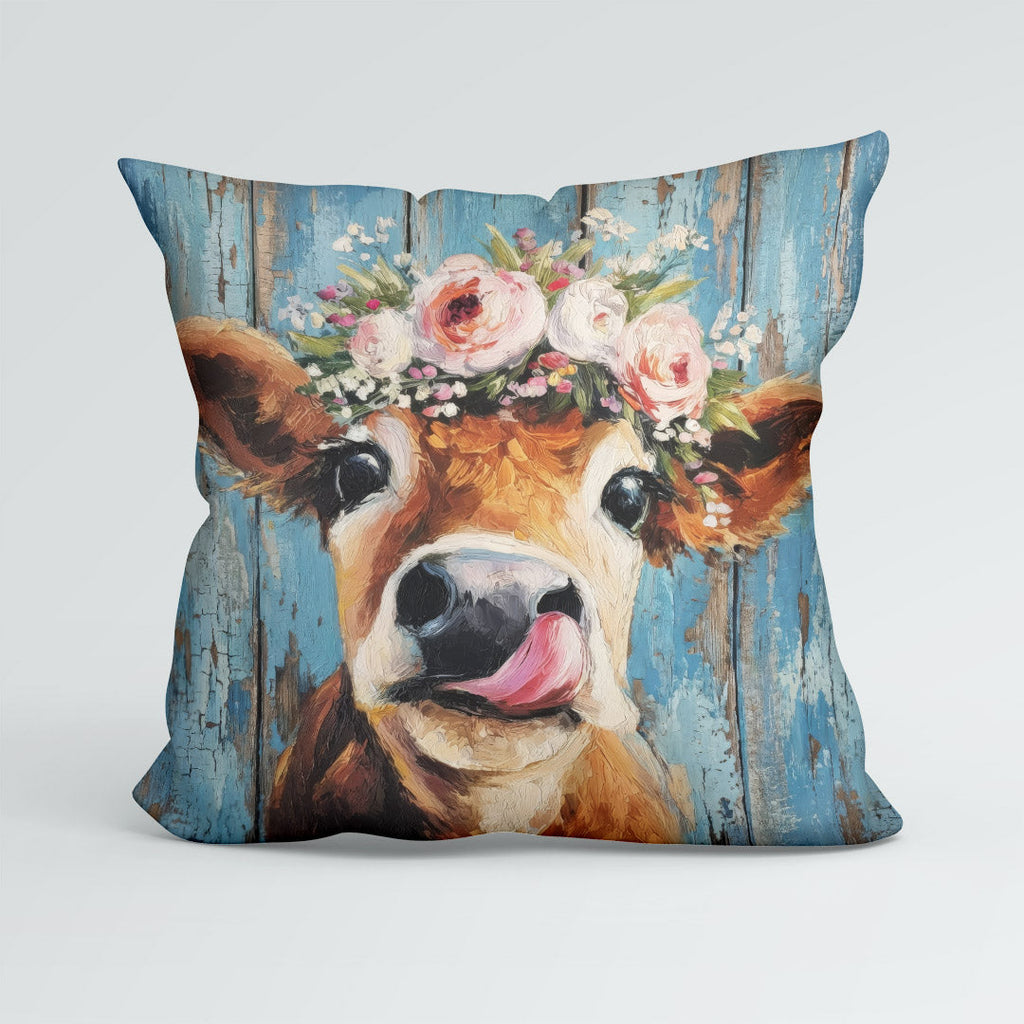 CUSHION Panel Floral Cow Blue CP-1020