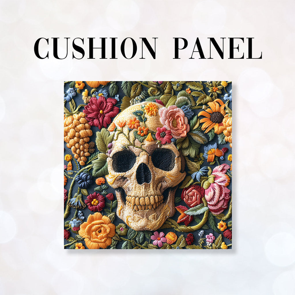 CUSHION Panel Embroidered Bright Floral Skull CP-157