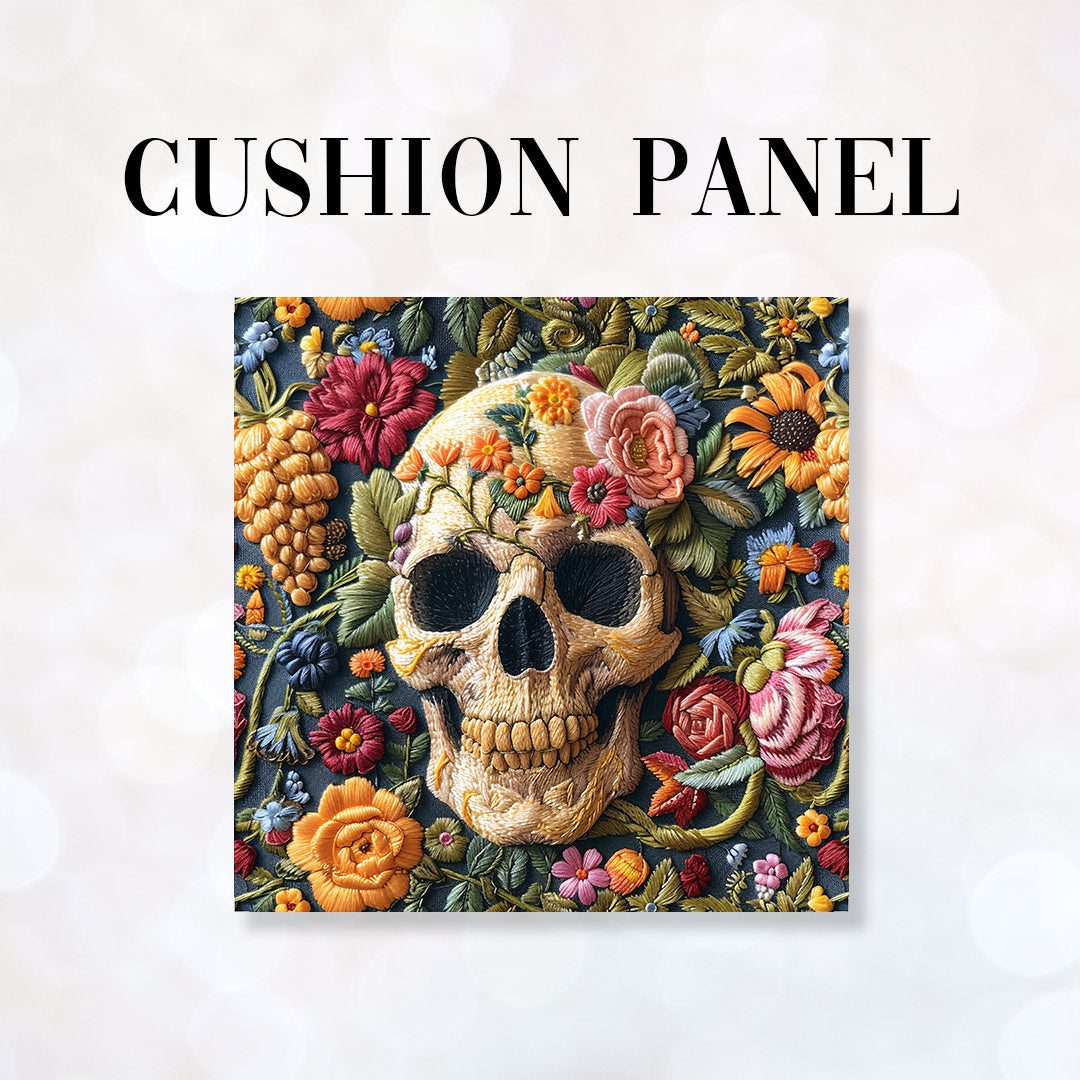 CUSHION Panel Embroidered Bright Floral Skull CP-157