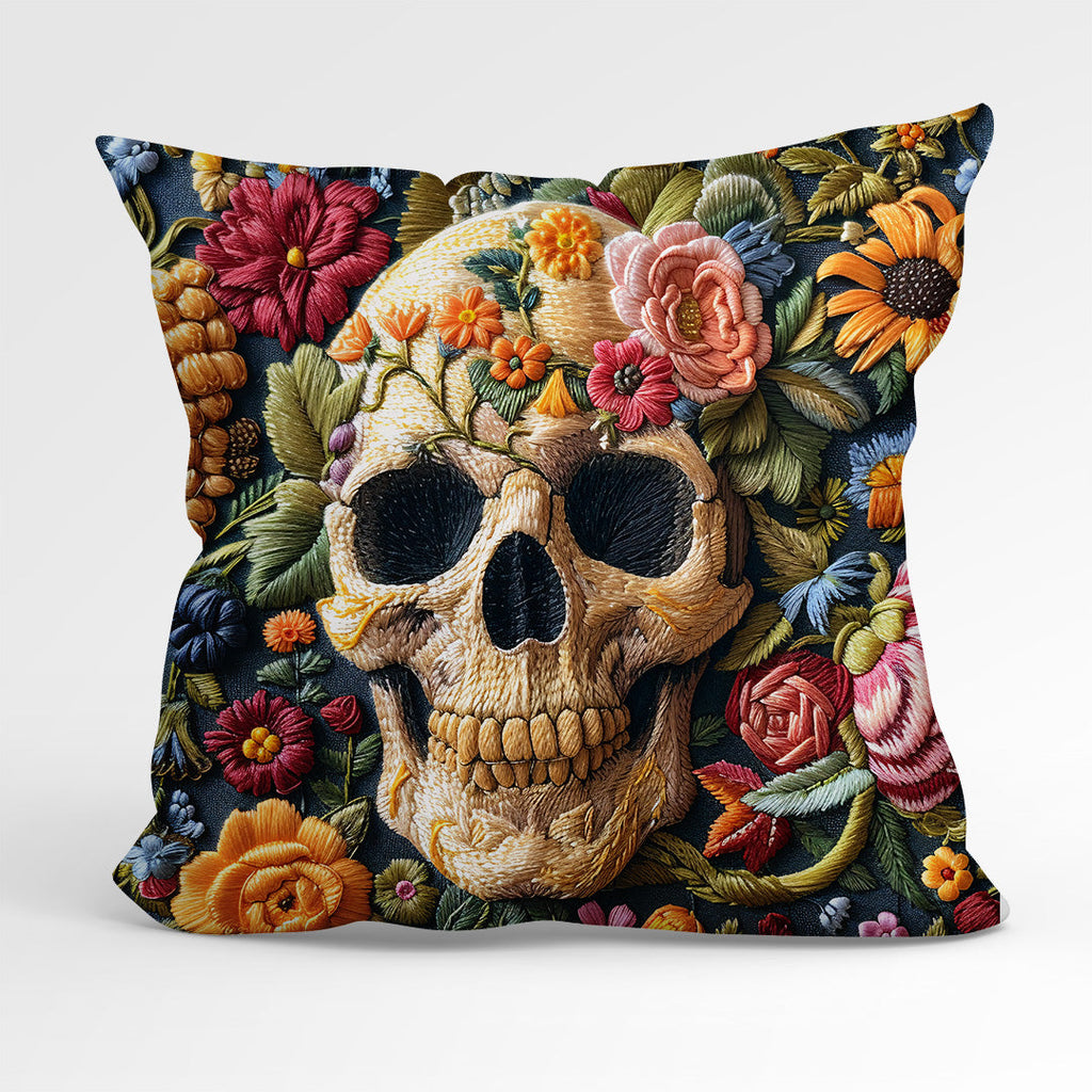 CUSHION Panel Embroidered Bright Floral Skull CP-157