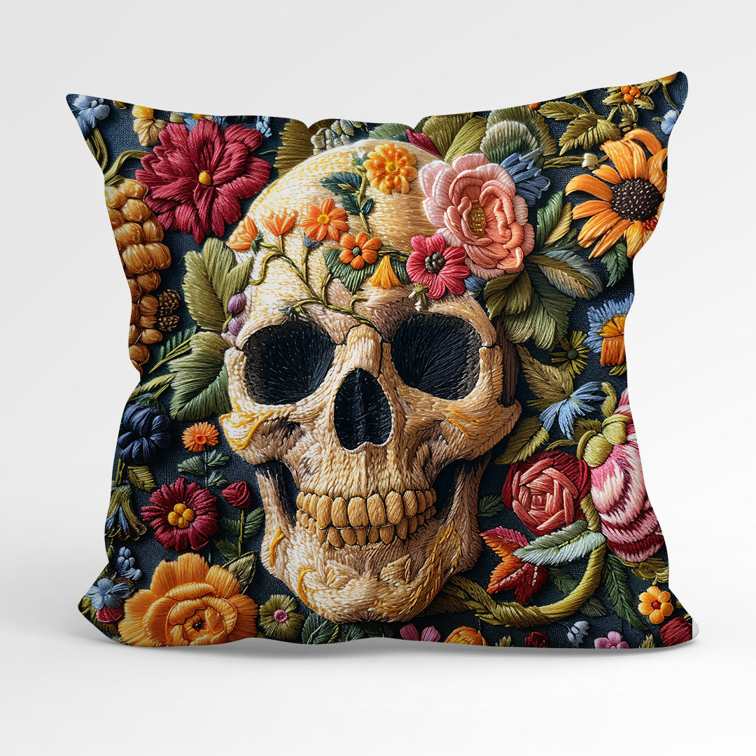CUSHION Panel Embroidered Bright Floral Skull CP-157