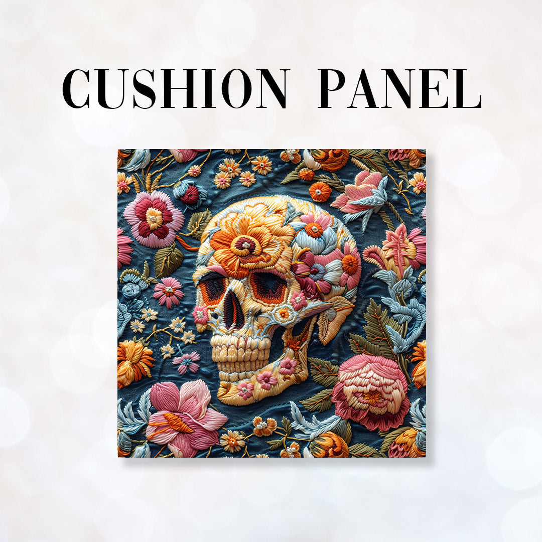CUSHION Panel Embroidered Floral Skull CP-158