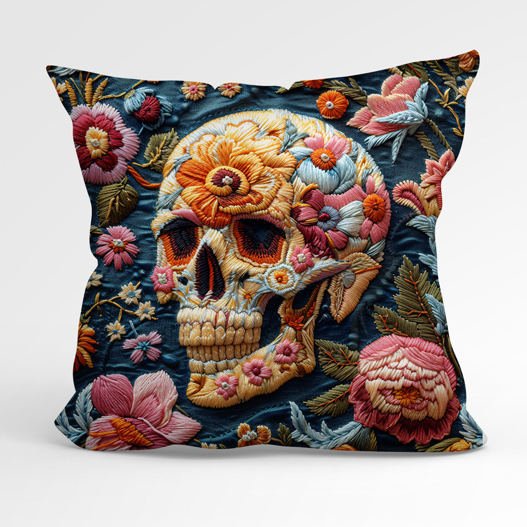 CUSHION Panel Embroidered Floral Skull CP-158