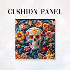 CUSHION Panel Embroidered Floral Skull Blue CP-159