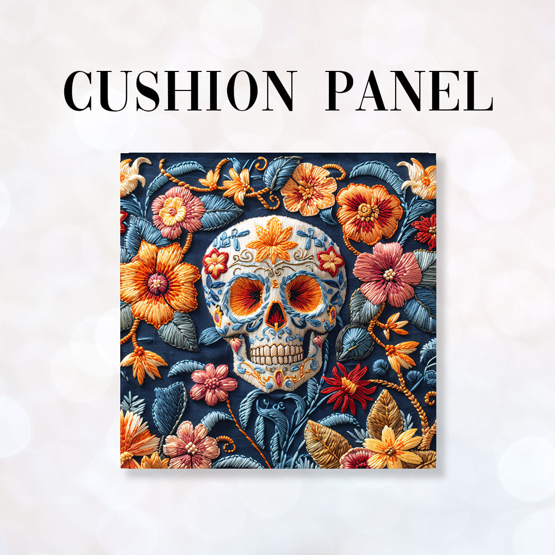 CUSHION Panel Embroidered Floral Skull Blue CP-159