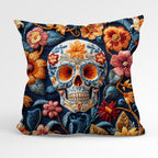CUSHION Panel Embroidered Floral Skull Blue CP-159