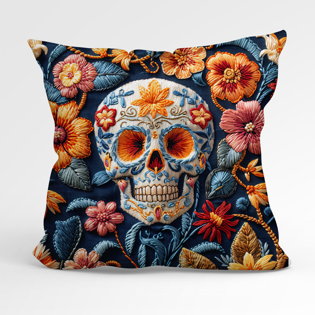 CUSHION Panel Embroidered Floral Skull Blue CP-159