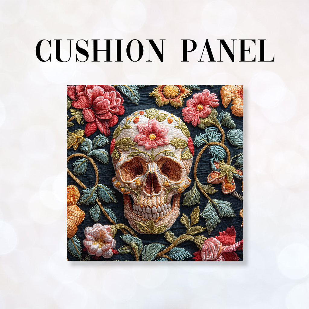 CUSHION Panel Embroidered Floral Skull Green CP-160