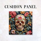 CUSHION Panel Embroidered Floral Skull Green CP-160