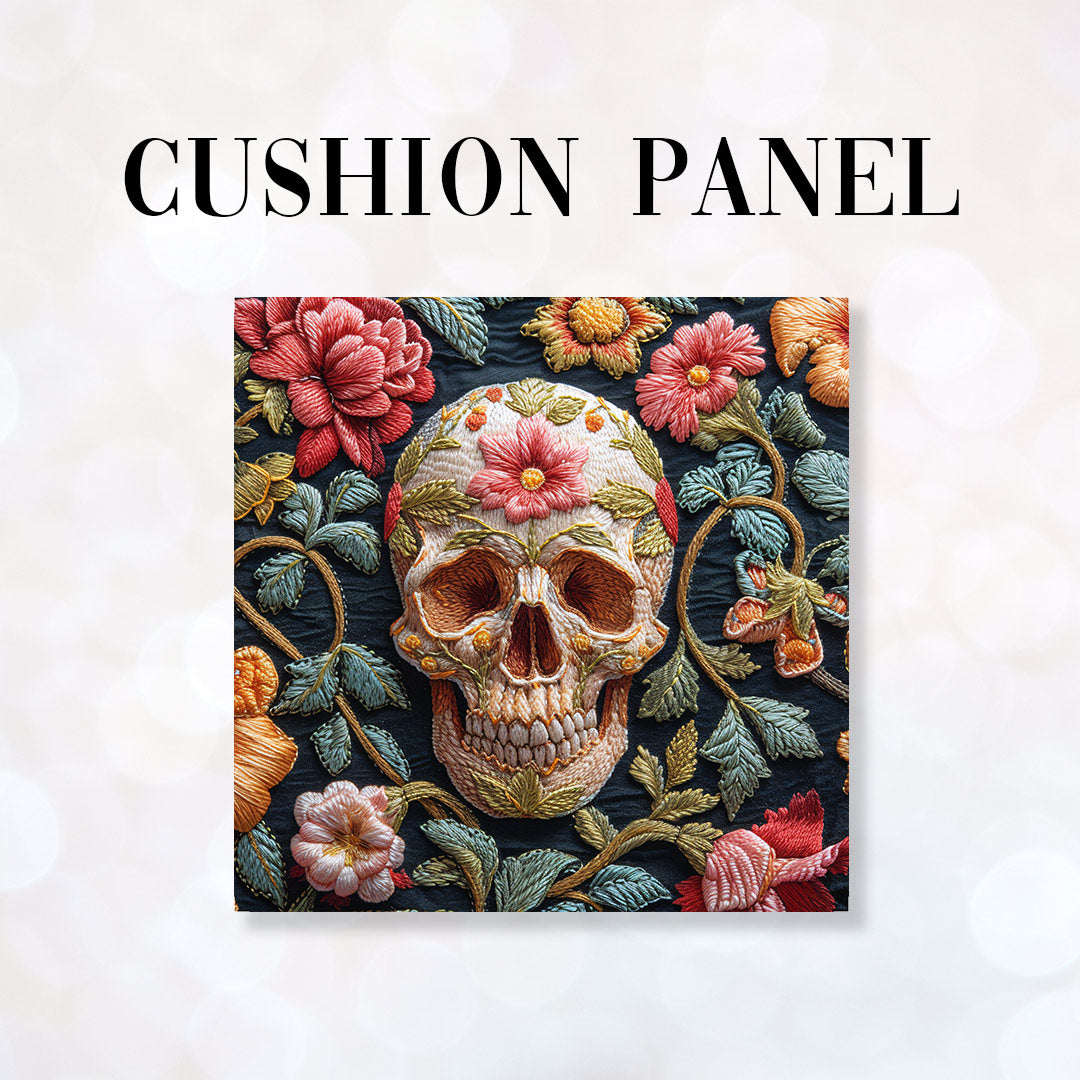 CUSHION Panel Embroidered Floral Skull Green CP-160