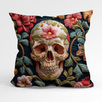 CUSHION Panel Embroidered Floral Skull Green CP-160