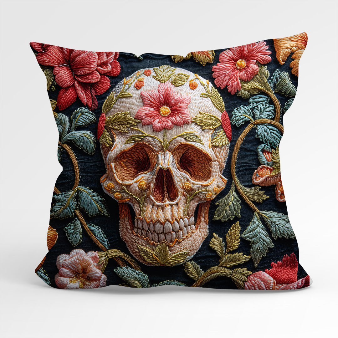 CUSHION Panel Embroidered Floral Skull Green CP-160