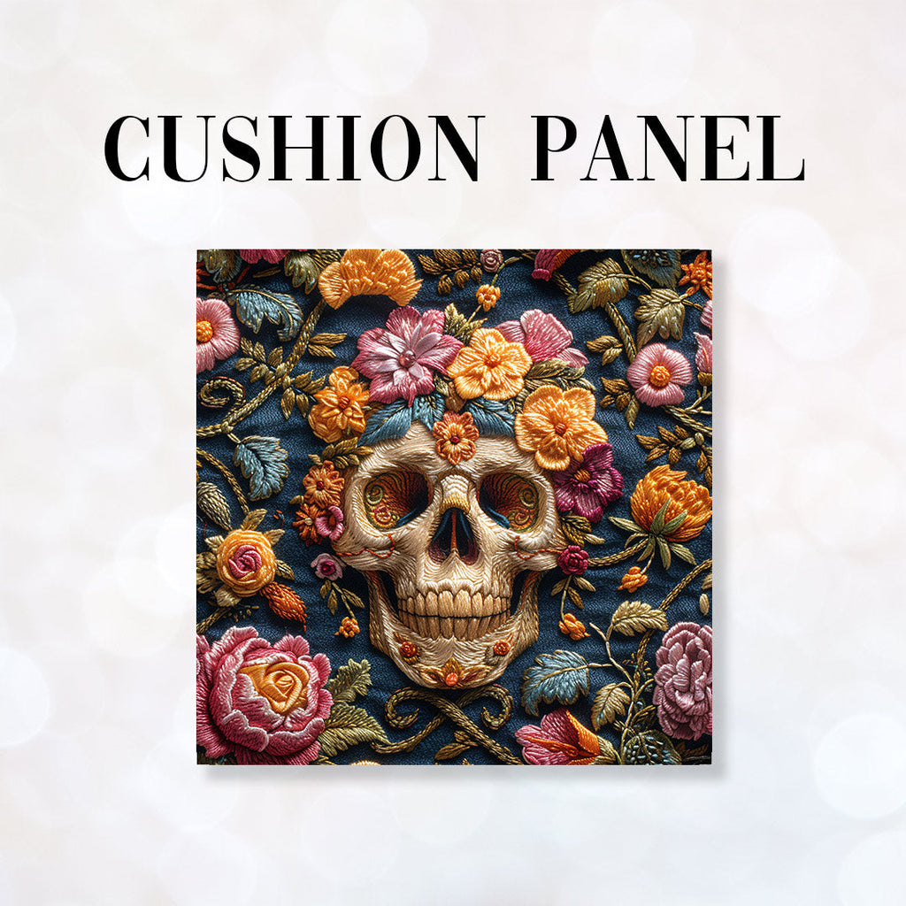 CUSHION Panel Embroidered Floral Skull 2 CP-161