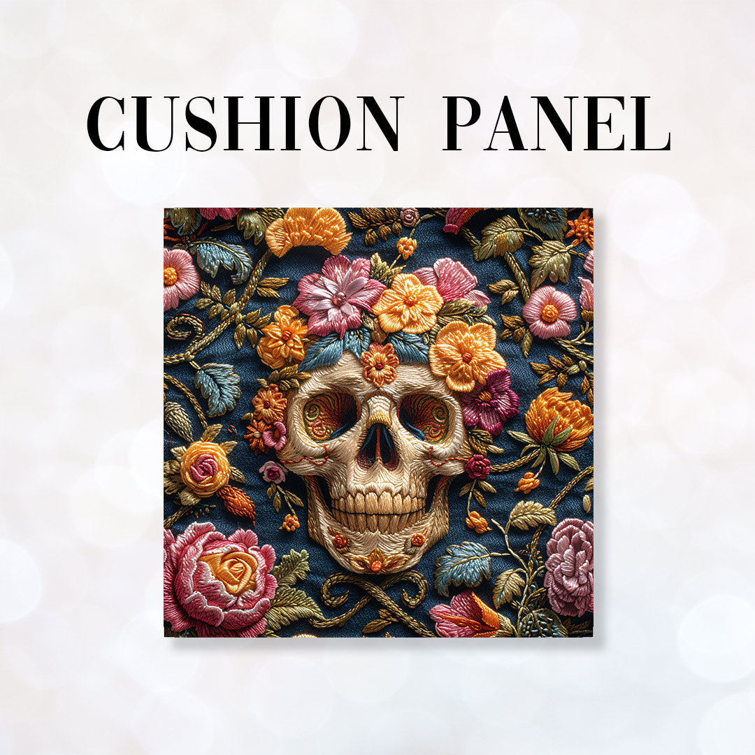 CUSHION Panel Embroidered Floral Skull 2 CP-161