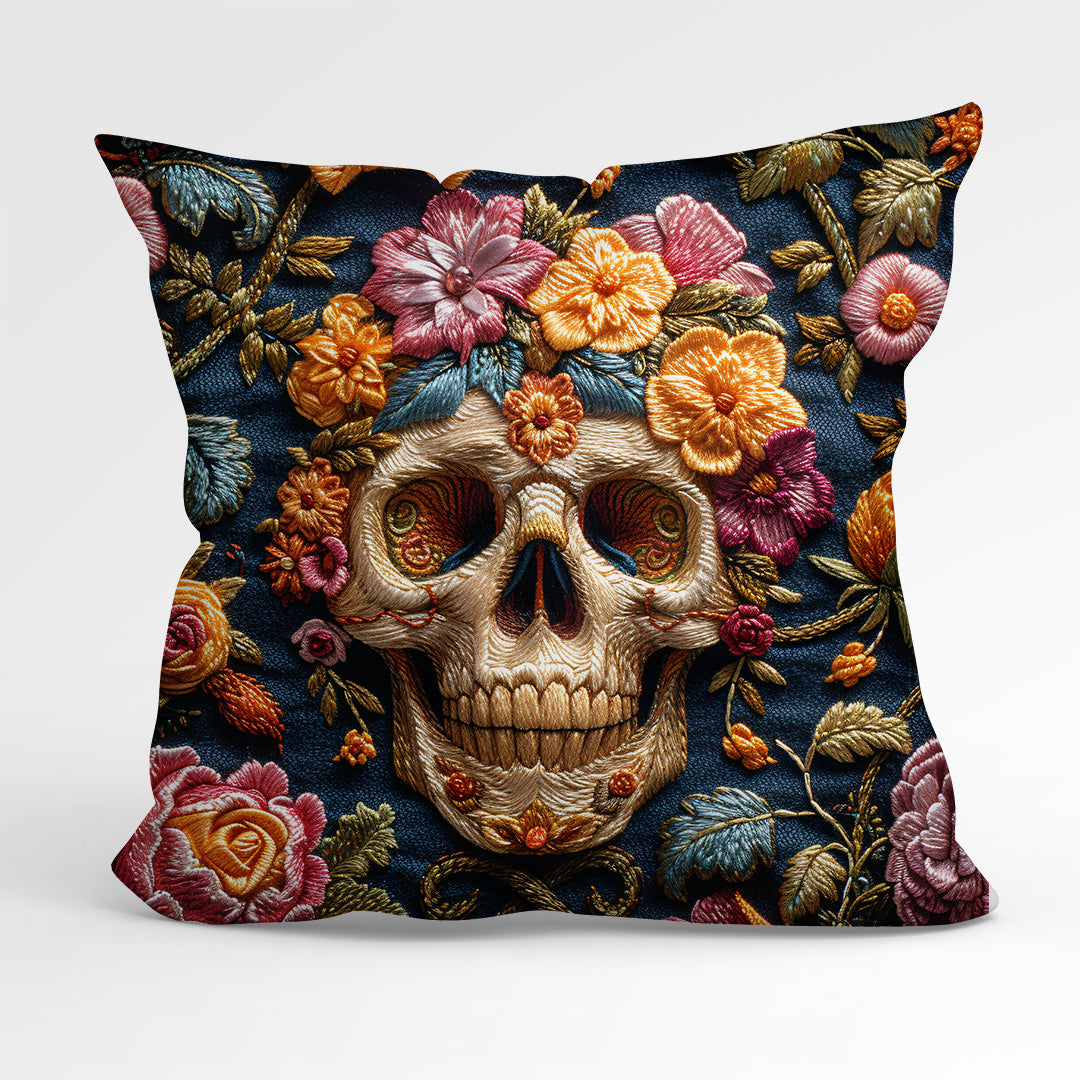 CUSHION Panel Embroidered Floral Skull 2 CP-161