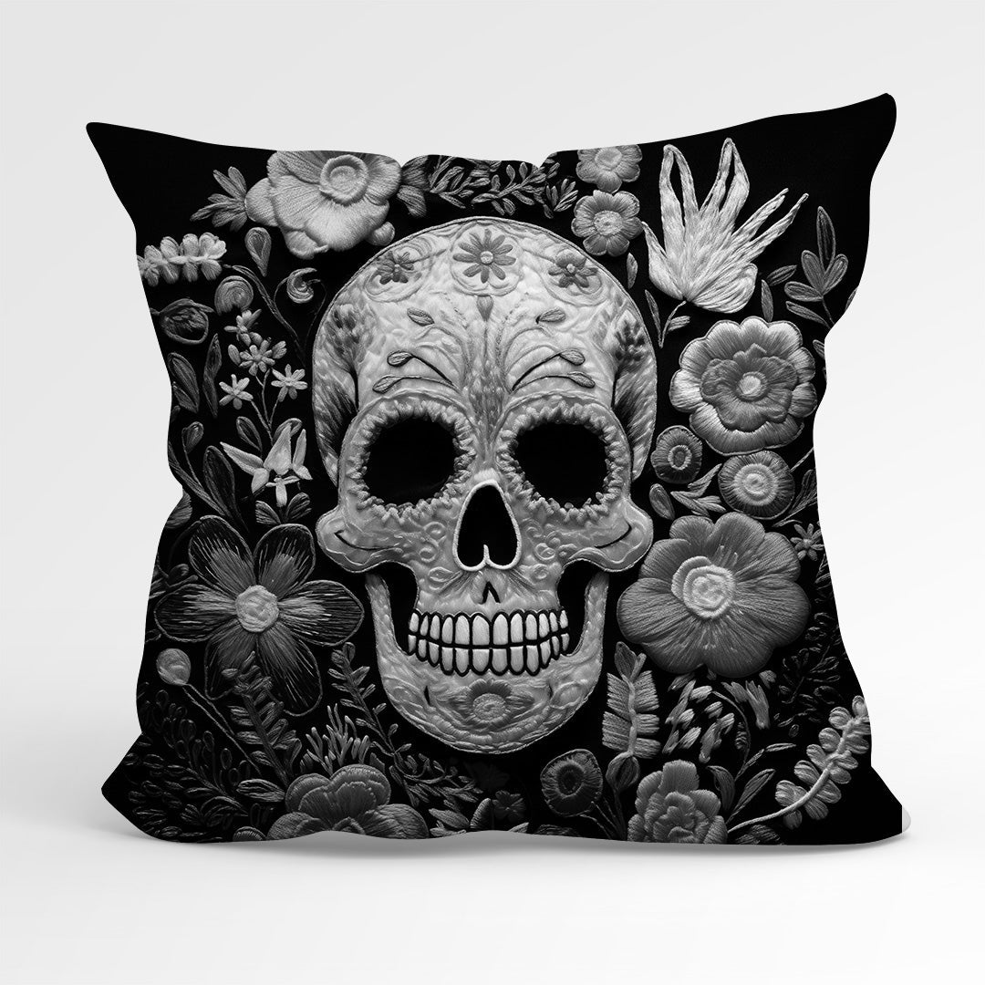CUSHION Panel Floral Skull Mono CP-163