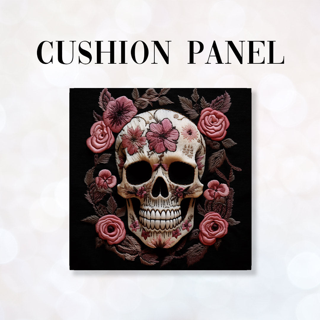 CUSHION Panel Pink Roses Skull CP-167