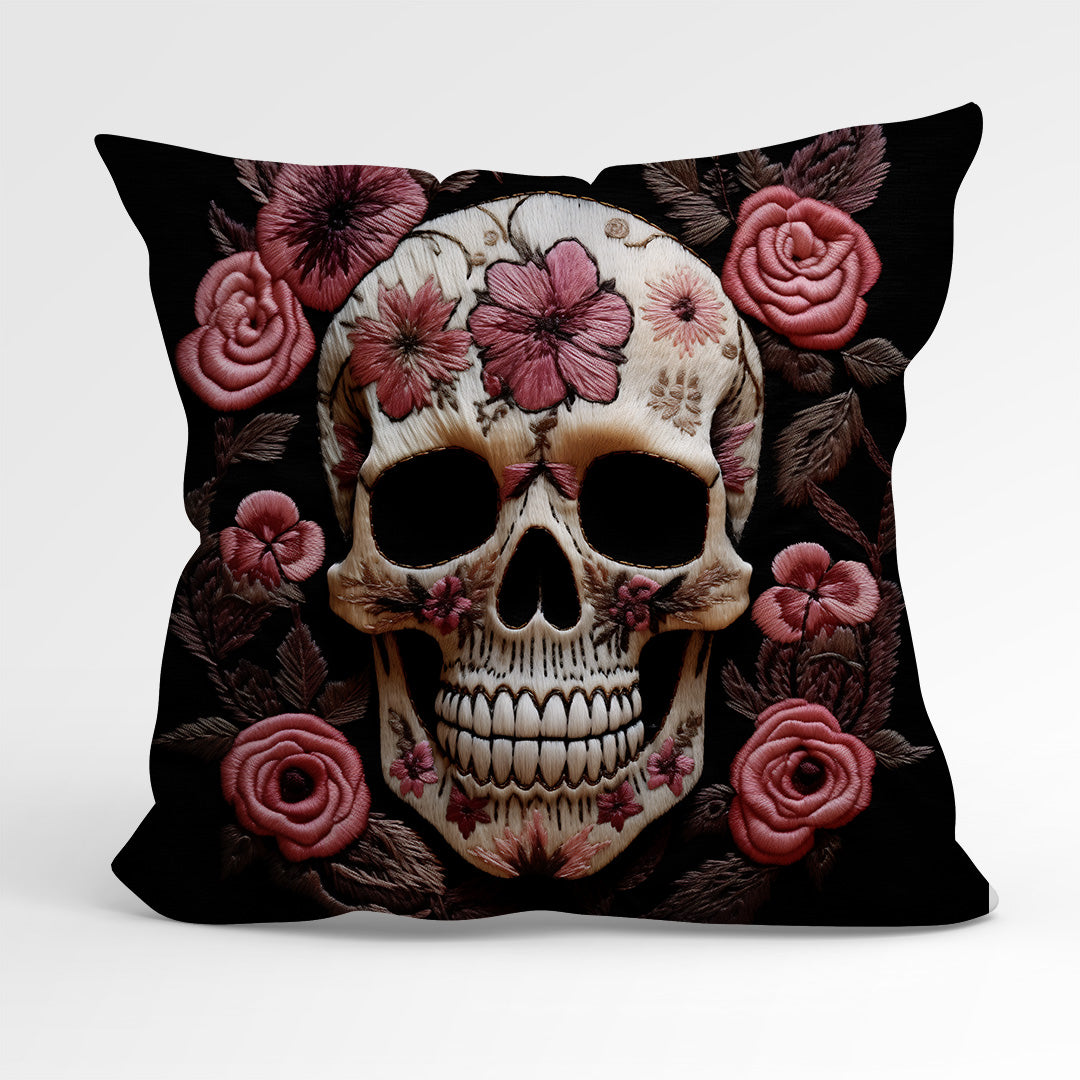 CUSHION Panel Pink Roses Skull CP-167