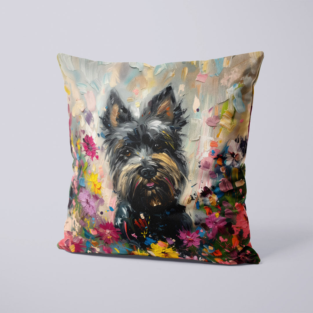 CUSHION Panel Cute Floral Black Westie CP-312